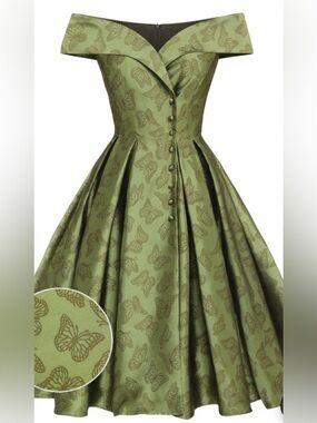 RETRO STAGE GREEN 1950S OFF-SHOULDER  DRESS-NWT Armpit 15” XS